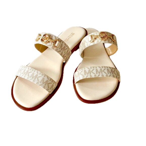 SOLD Michael Kors Wm Sz 8 SlipOn Flat Sandal Ivory Tan Logo Leather Gold Logo - Picture 14 of 14